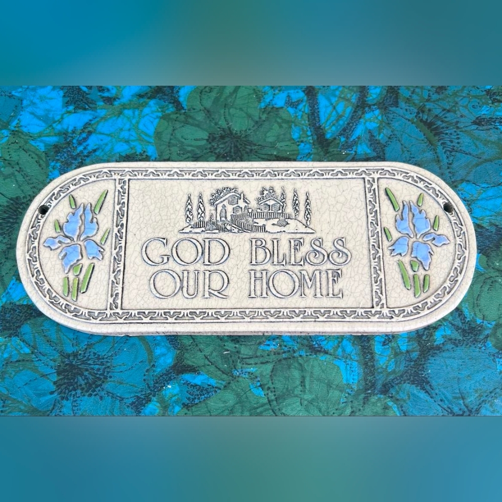 Vintage Ceramic God Bless Our Home Plaque Trinity Pottery 1980's Home Decor